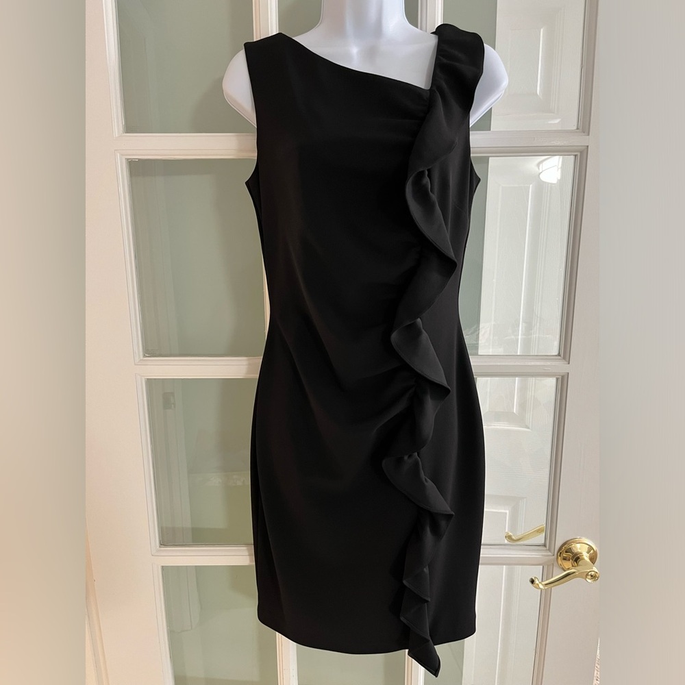 NWOT Donna Karan Black Bodycon Midi Dress with Ruffle Accent